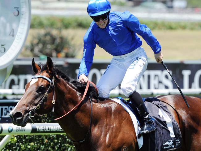 The ride in question: Jockey James McDonald celebrates winning on debutant Astern at Randwick on December 5 last year. Picture: Simon Bullard