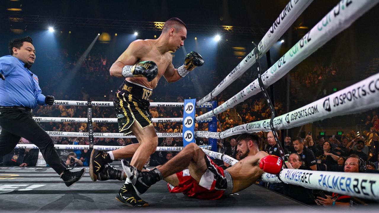 Tim Tszyu defeats Carlos Ocampo with a first round knockout in his first world title defence on the Gold Coast on Sunday. Picture: No Limit Boxing