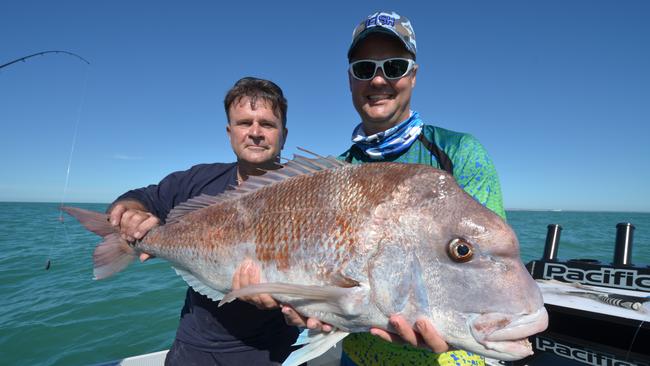 Shane Mensforth and Paul Worsteling with a large snapper.