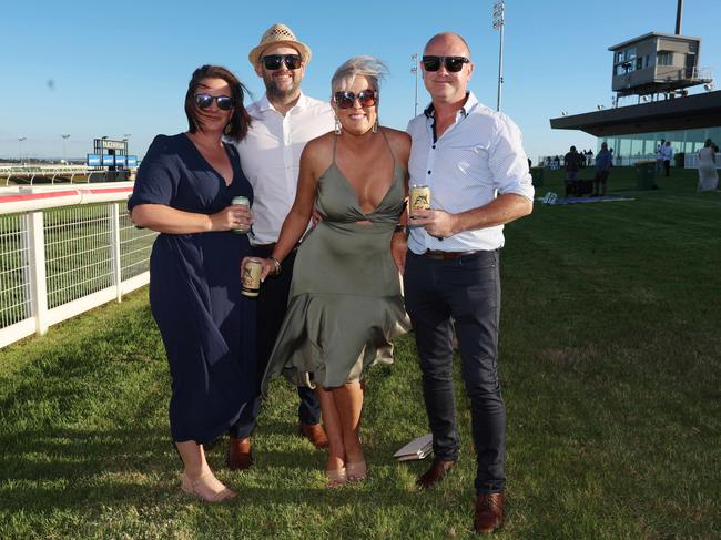 MELBOURNE, AUSTRALIA - MARCH 15 2024 Kellie Simpson, Ben Simpson, Mel Gougg and Tim Manning attend the 2024 Pakenham Cup Picture: Brendan Beckett