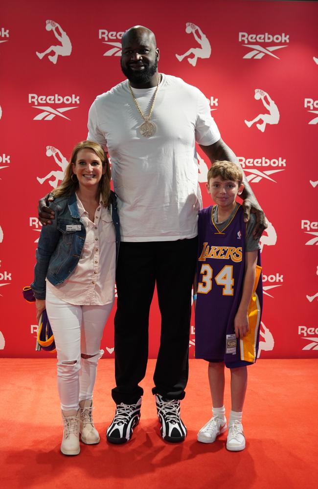 Reggie Bird and her son 13-year-old son Lucas meet NBA legend Shaquille O’Neale. Picture: Supplied