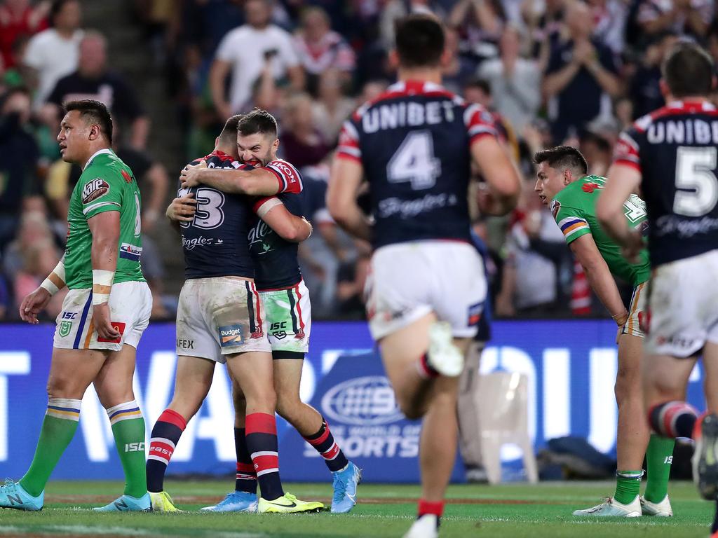 SYDNEY, AUSTRALIA - OCTOBER 06: James Tedesco of the Roosters celebrates scoring a try during the 2019 NRL Grand Final match between the Canberra Raiders and the Sydney Roosters at ANZ Stadium on October 06, 2019 in Sydney, Australia. (Photo by Matt King/Getty Images)