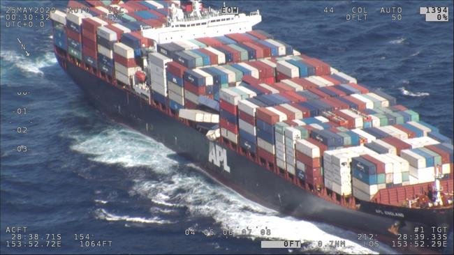 Containers could be seen hanging over the side of the APL England following the storms.