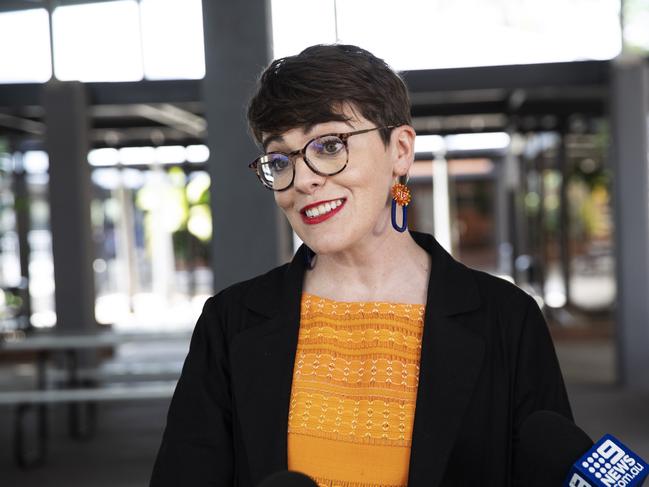 Greens Candidate for South Brisbane Amy MacMahon seen at the Brisbane State High School polling booth. Brisbane State High School, 158 Vulture St, South Brisbane, Brisbane, 31st of October 2020. (News Corp/Attila Csaszar)