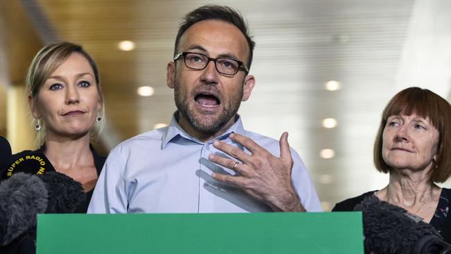 Adam Bandt speaks at a press conference in Parliament House, Canberra.