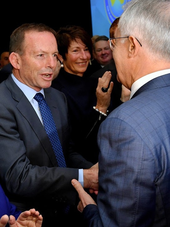 Prime Minister Malcolm Turnbull launching the Liberal’s 2016 campaign with Tony Abbott in the wings. Picture: Jason Edwards