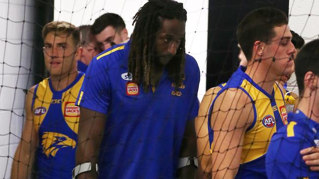 Nic Naitanui on crutches after injuring his right knee. Picture: Michael Klein