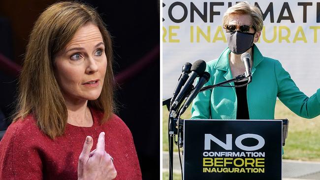 US Supreme Court nominee Justice Amy Coney Barrett (left); and Senator Elizabeth Warren (right) speaks at a protest calling for the Republican Senate to delay the Justic Barrett's confirmation. Pictures: Getty Images