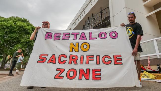 Jorgen Doyle and Adam Gaston at the anti-fracking demonstration in Darwin. Picture: Pema Tamang Pakhrin