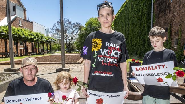 (from left) Matty Wright, Texas Edwards, Emma Edwards and Kyden Lee at the Red Rose rally for Emily Thompson in Toowoomba. Friday, November 4, 2022. Picture: Nev Madsen.