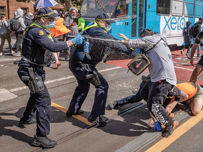 World Wide Rally For Freedom protest September 18, 2021. Protesters meet a huge police presence in Richmond, blocking off the CBD with a ring of steel. Picture: Jason Edwards