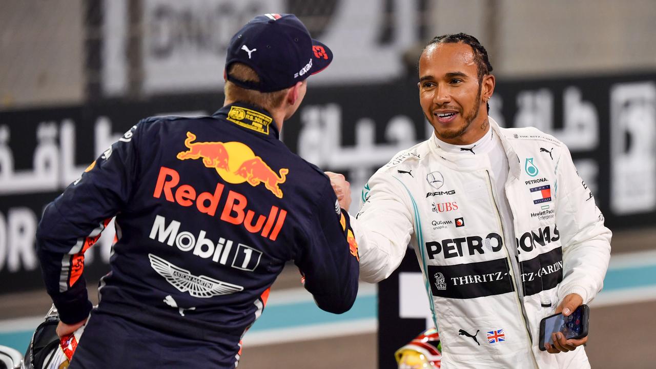 Hamilton greets Verstappen after qualifying.