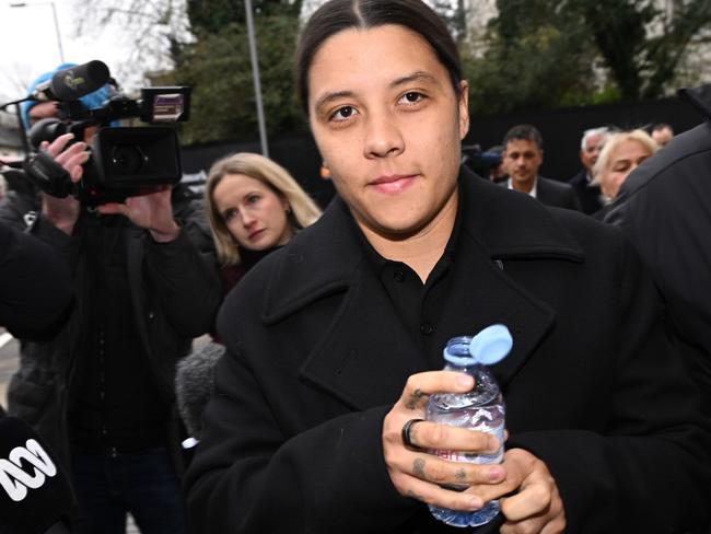 KINGSTON UPON THAMES, ENGLAND - FEBRUARY 3: Australian footballer Sam Kerr arrives outside the Crown Court ahead of her trial for a racial harassment case on February 3, 2025 in Kingston upon Thames, England. The Matildas star, who also plays professionally for Chelsea in the Women's Super League, is facing charges of "racially aggravated harassment" of a police officer related to an incident in Twickenham on January 30, 2023.  (Photo by Leon Neal/Getty Images)