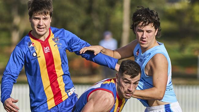 Action from an Adelaide Footy League clash between Old Ignatians and Sacred Heart Old Collegians on Saturday. Picture: Matt Loxton