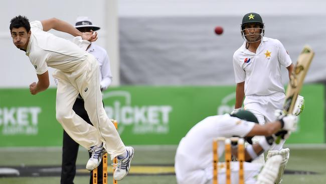 Mitchell Starc sends down a bouncer to Pakistan’s Azhar Ali during the Boxing Dat Test. Picture: AP