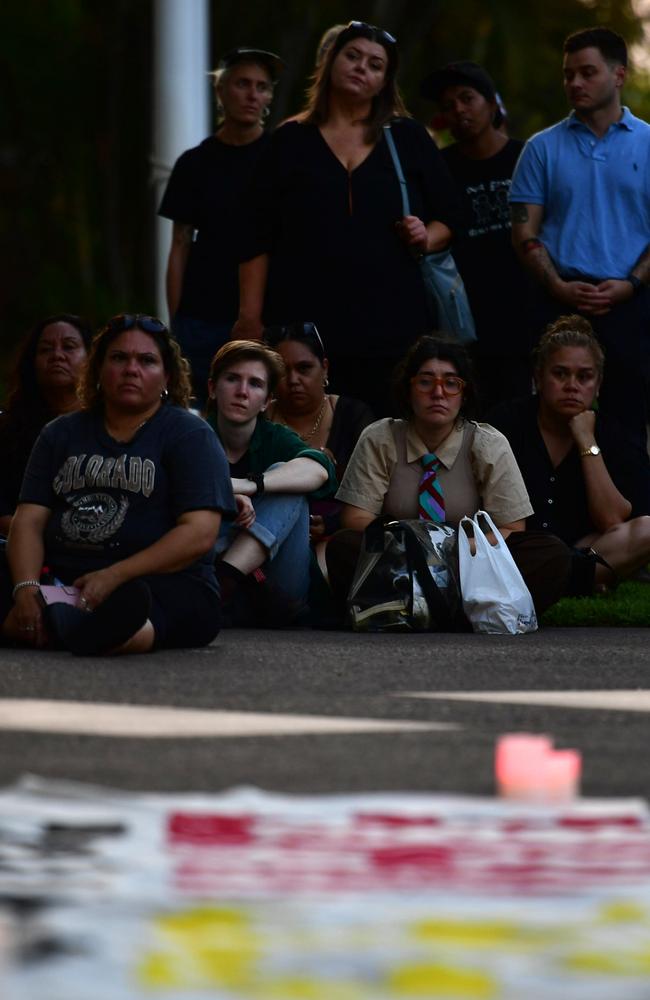 Hundreds of Top End residents gathered outside the NT Parliament on Wednesday for a vigil for Kumanjayi White, a 24-year-old Warlpiri man with a disability who died after being restrained by police in the Alice Springs Coles. Picture: Zizi Averill