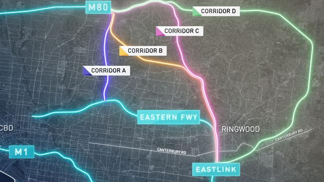 The four routes proposed for the North East Link.