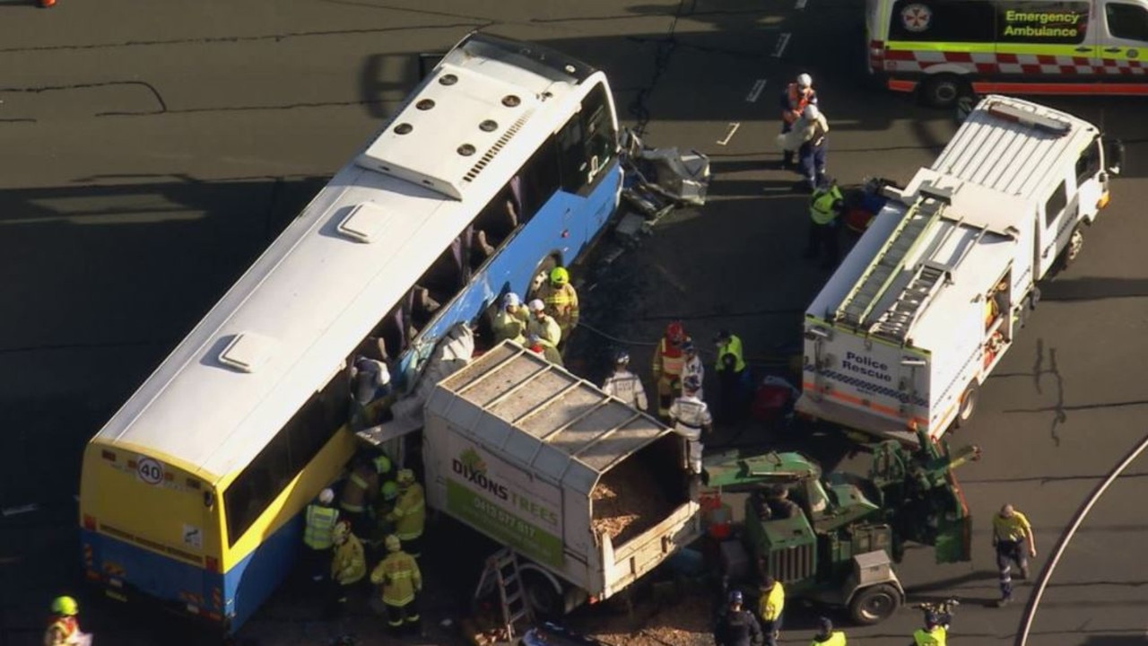 A man in his 20s was ‘severely’ trapped in the truck before finally being released. Picture: 9 News