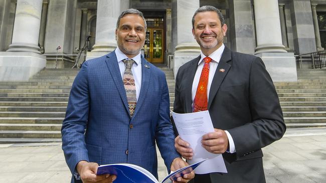 Aboriginal Affairs Minister Kyam Maher, right, with Commissioner for First Nations Voice to Parliament Dale Agius. Picture: Roy VanDerVegt