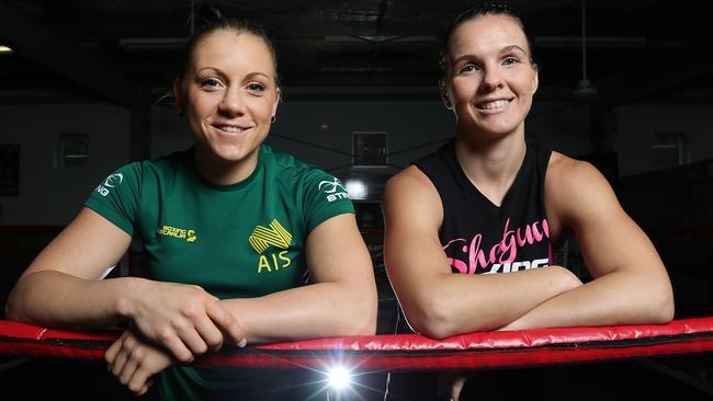 Shelley Watts with new sparring partner Shannon O'Connell in Brisbane. Pictures: Jack Tran