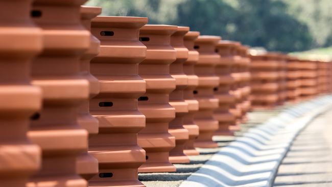 Noise walls made from recycled form part of the Mordialloc Freeway construction. Picture: Ian Currie