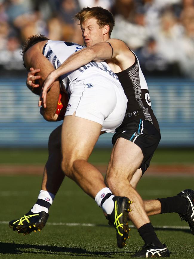 PAFC players, like Tom Jonas (pictured), wore black armbands during Saturday’s game against Geelong. Picture: Daniel Pockett/AFL Photos/via Getty Images