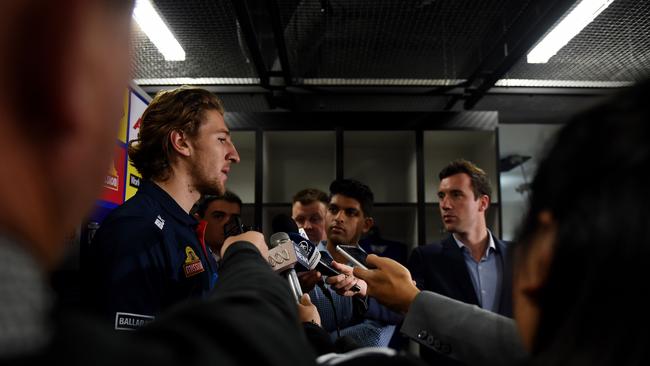 Everyone wanted a piece of Marcus Bontempelli at the Western Bulldogs media day. Picture: AAP