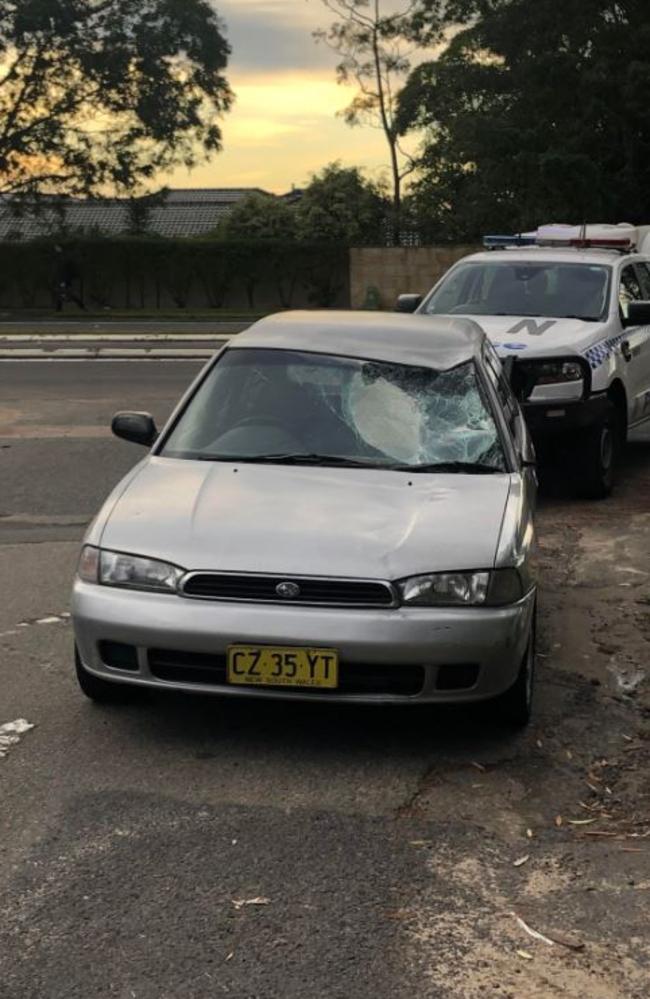 Kyle Hakki, 22, of Allambie Heights, was allegedly driving this Subaru involved in a collision with the cyclists at Belrose. Picture: Jim O’Rourke