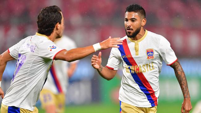 Ronald Vargas celebrates a fortunate goal for Newcastle Jets. Picture: Getty Images