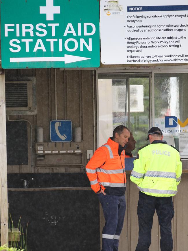 Inspector Shane le Fevre and Pybar Mining Services CEO Brendan Rouse at the entrance to the Henty gold mine. Picture: Grant Wells.