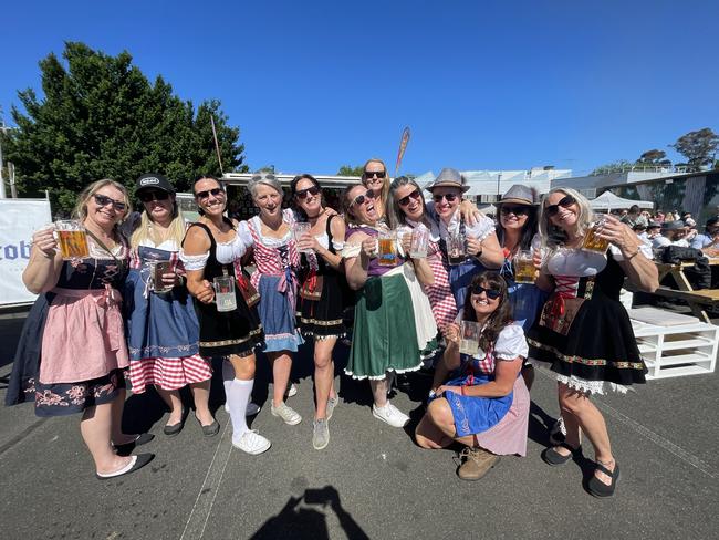 Lisa Button, Missy Parry, Angela Robinson, Jenny, Alysha, Briony, and Joelle at the 2024 Yarra Valley Oktoberfest. Picture: Himangi Singh.