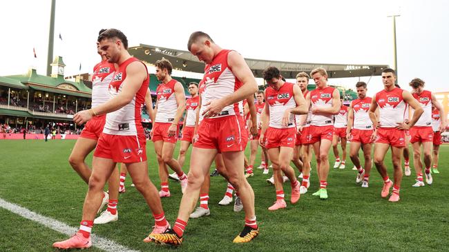 The Swans walk from the field after the rare defeat. (Photo by Matt King/AFL Photos/via Getty Images)