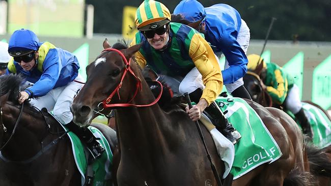 Chad Schofield celebrates as he wins the Group 1 Epsom Handicap aboard Ceolwulf at Randwick. Picture: Jeremy Ng / Getty Images