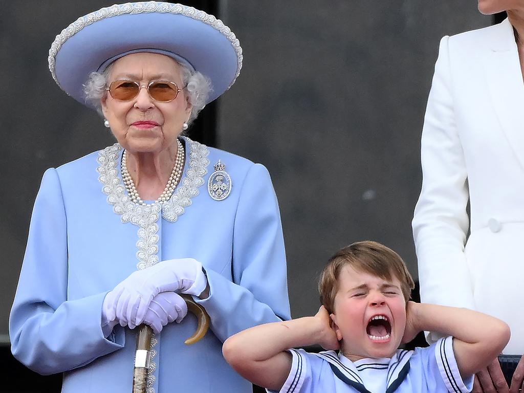 Perhaps one of the greatest photos of the Queen that’s ever been taken. Prince Louis shows his appreciation for the loud planes overhead alongside a smirking Queen Elizabeth at the 2022 Trooping the Colour parade. Picture: Daniel Leal/AFP