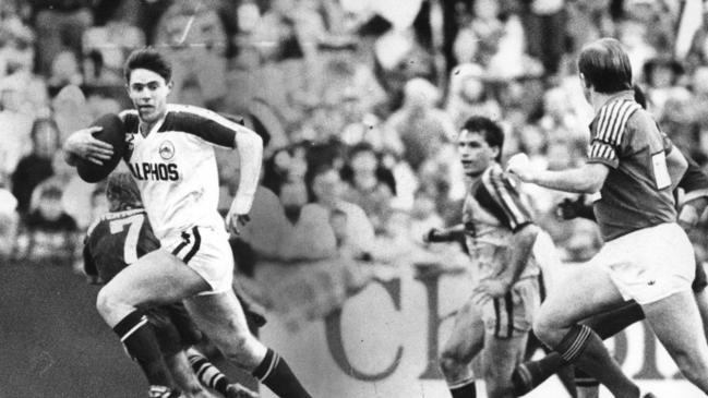 Brad Fittler runs the ball during his debut match against Western Suburbs at Orana Park, Campbelltown, in 1989.