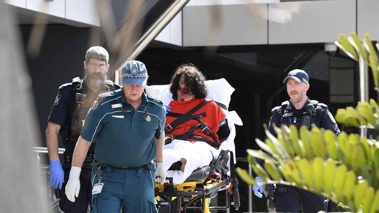 Police and QAS outside the Toowoomba Courthouse after it was placed in lockdown after a woman brandished a knife outside the building, Thursday, August 15, 2024.