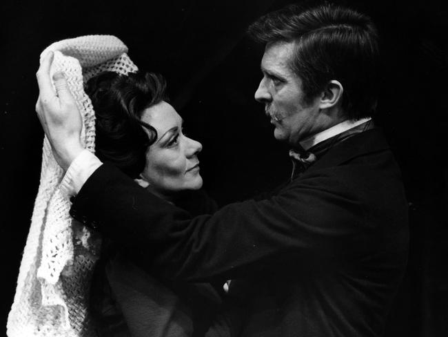 Joan Plowright with Jeremy Brett on stage in Rosmersholm. Picture: Getty Images