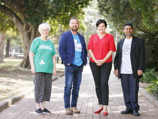 Four of the Strathfield candidates including Crisetta MacLeod (Greens), Philip Madirazza (Liberal), incumbent Jodi McKay (Labor) and Vinay Orekondy. Picture: Tim Pascoe