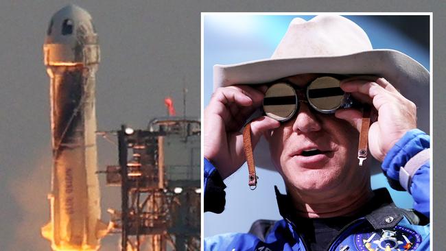 New Shepard lifts-off from the launch pad carrying Jeff Bezos along with his brother Mark Bezos, 18-year-old Oliver Daemen, and 82-year-old Wally Funk on July 20. Picture: AFP