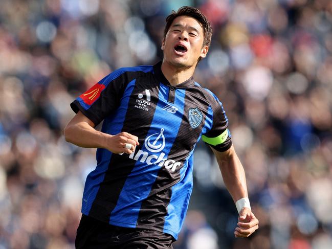 Auckland FC captain Hiroki Sakai is delighted after playing a part in his team’s first A-League goal. Picture: Phil Walter/Getty Images