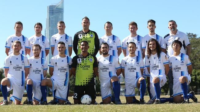 The Surfers Paradise Apollo FFA Cup squad. Back row (from left): Borko Tomic, Acim Tomic, Brandon Gomez, Ken Muur, Wade Russell, Tyler Thurtell, Theo Gregory, David Benigno (coach). Front row (from left): Lucas Lefevre, Ryan Britten, Bruno Rodriguez, Faider Royer-Mejia, Burcin Yorulmaz, Davide Landoni, Nikki Felizatto, Shota Nakagawa. Absent: Tolga Yorulmaz and Jean-Philippe Lasm. Photo: Regi Varghese