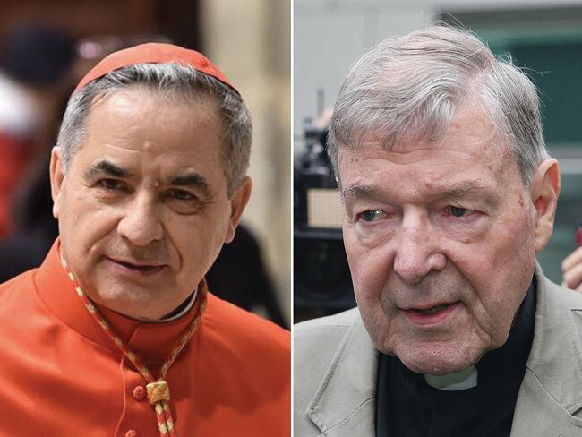 Cardinal Giovanni Angelo Becciu, 72,left, is suspected of wiring the cash to recipients in Australia who helped to ensure hostile testimony in the abuse trial of Cardinal George Pell. Pictures: AFP