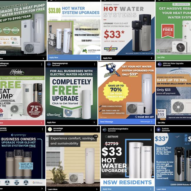 Ads from 2023 in NSW offering free hot water systems as part of the lucrative government rebate.