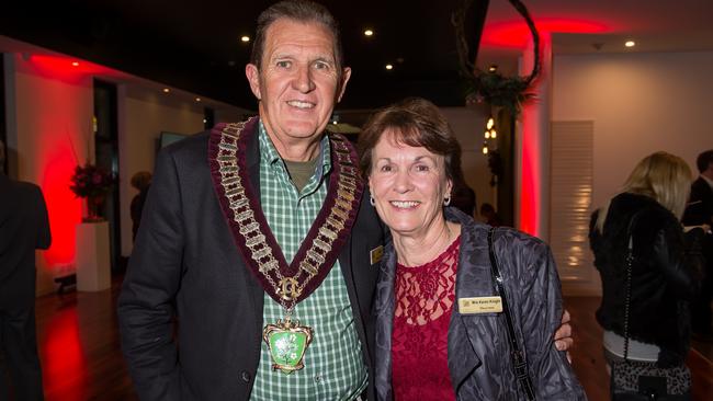 Tea Tree Gully mayor Kevin Knight wearing the mayoral chain at a social event with his wife, Karen.