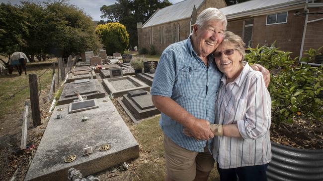 Denis and Kay Whitehouse are selling their home, a church which includes a cemetery at Bagdad. Picture: Chris Kidd