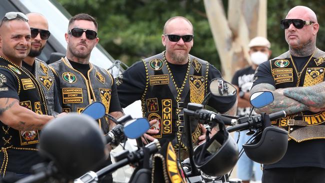 Allan Meehan (third from left) with Mick Murray (right) at a Comanchero ride last year. Picture: David Crosling