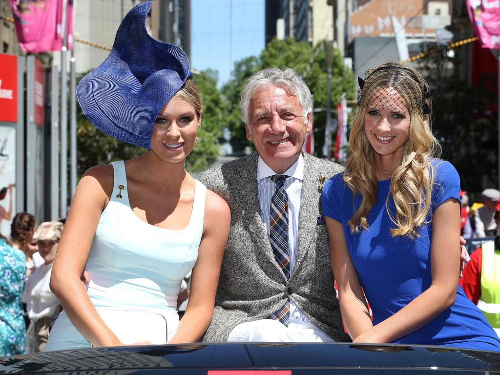 Melbourne Cup Parade. Ambassador Rebeccah Panozza, host Jeff Banks and Nikki Phillips. Picture: Ian Currie