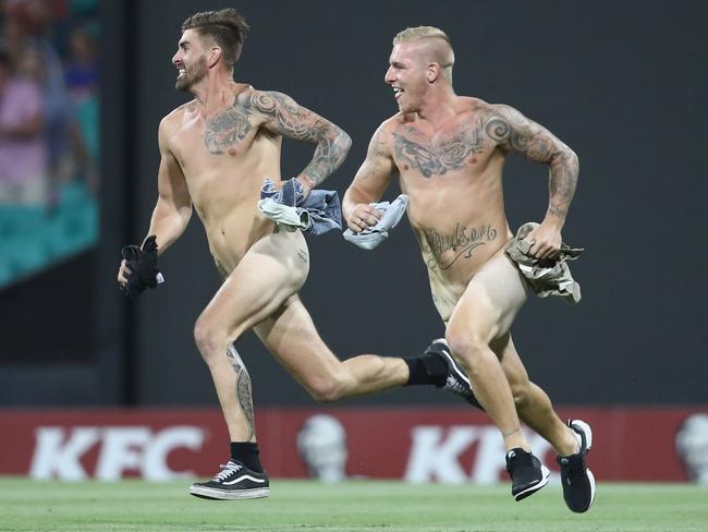 Chad Sharp (left) and Josh Hudson enjoy their 15 seconds of fame on January 14 during a Big Bash League match. Picture: Getty