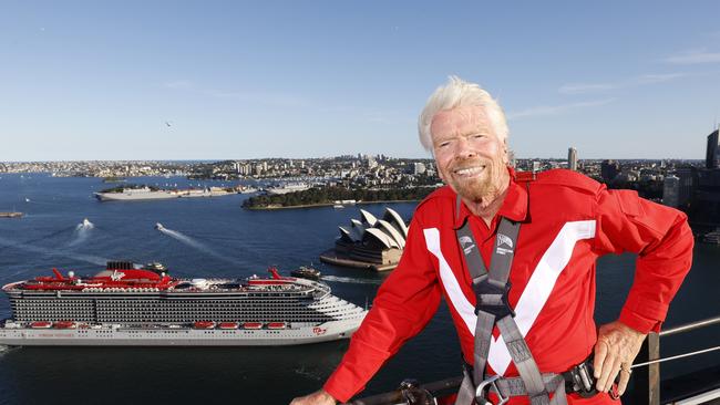 Sir Richard Branson on the Sydney Harbour Bridge last week. He was in Sydney for the first Virgin Voyages cruise ship, the Resilient Lady arriving for the first time. Picture: Jonathan Ng