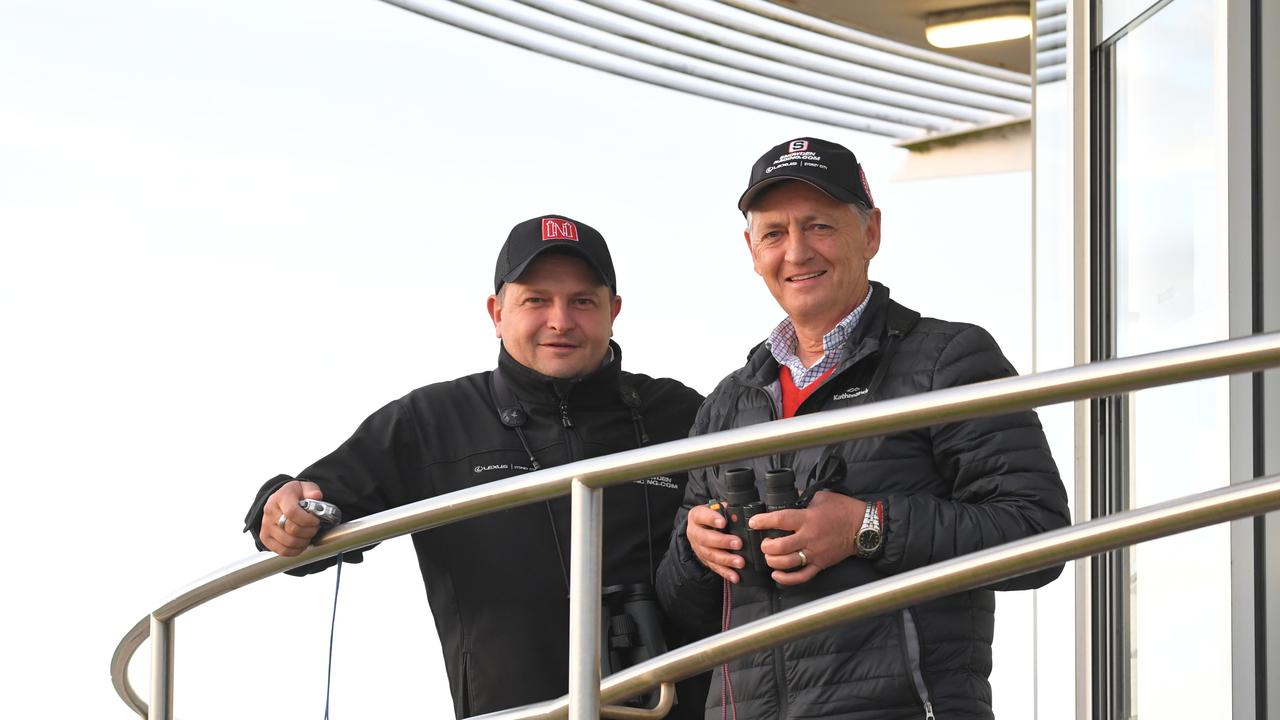 Redzel trainers Peter (right) and Paul Snowden are seen during trackwork at Royal Randwick Racecourse in Sydney, Monday, October 14, 2019. (AAP Image/Simon Bullard) NO ARCHIVING, EDITORIAL USE ONLY